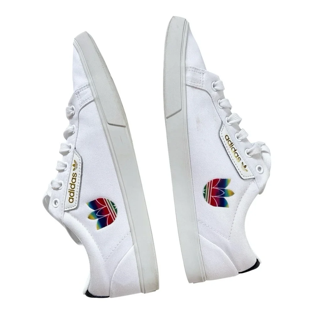 Adidas Sleek White Sneakers Rainbow and Gold Logo Canvas Shoes Womens 9M - Picture 5 of 7